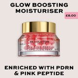Revolution Pro Miracle PDRN + Peptide Plumping Capsule Cream in a jar with pink capsules for glowing skin.