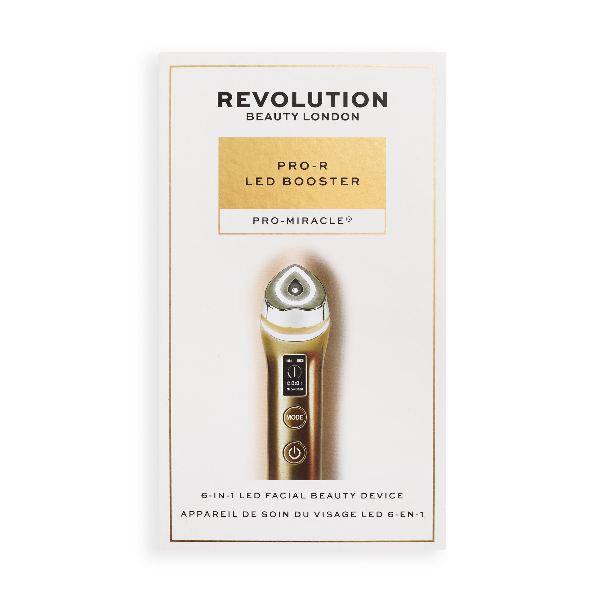 Revolution Pro Miracle Pro-R LED Booster packaging featuring a 6-in-1 LED facial beauty device.
