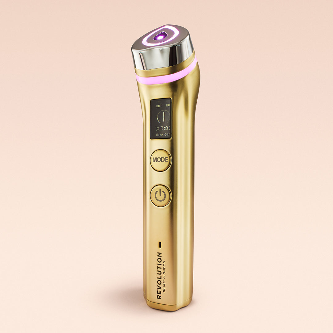 Revolution Pro Miracle Pro-R LED Booster skincare device with gold design for enhanced absorption and glow.