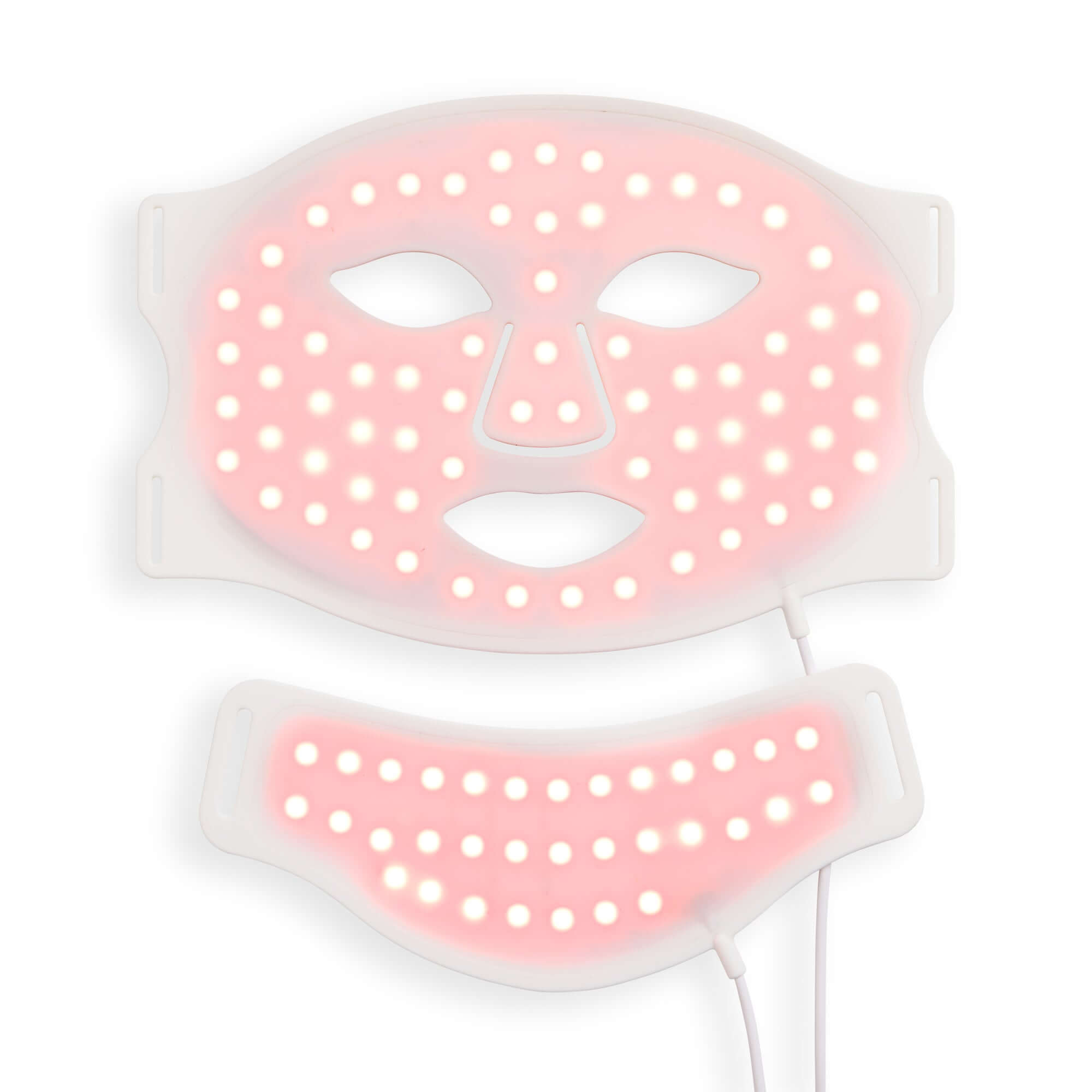 Revolution Pro Miracle Silicone LED Face and Neck Mask White showcasing pink LED lights for skincare.