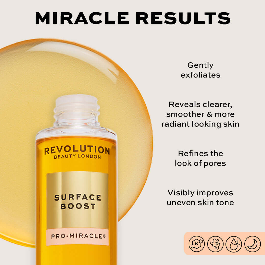 Revolution Pro Miracle Surface Boost Kojic Acid, Turmeric + Glycolic Acid Toner with brightening and exfoliating benefits.