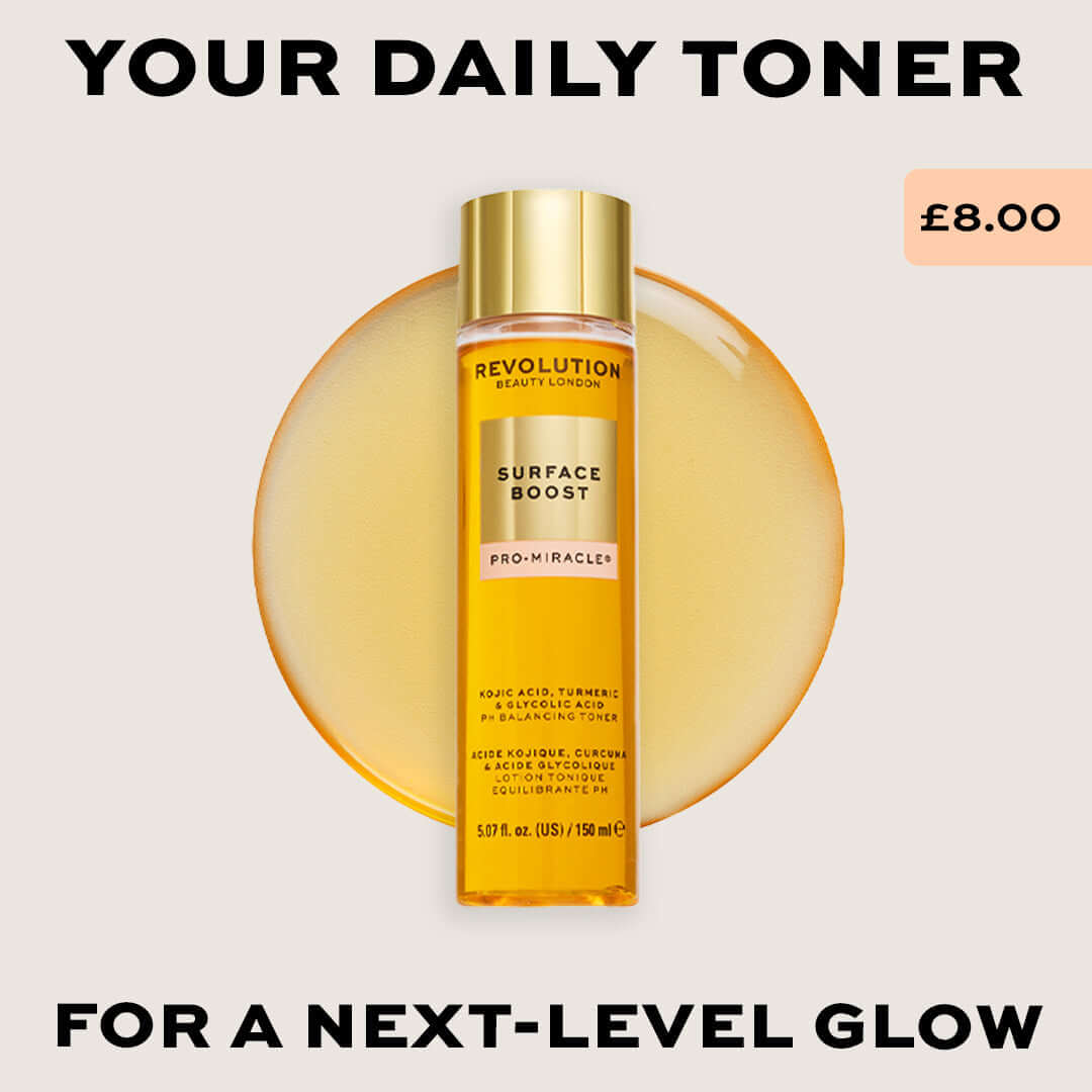 Revolution Pro Miracle Surface Boost Kojic Acid, Turmeric + Glycolic Acid Toner for a next-level glow.