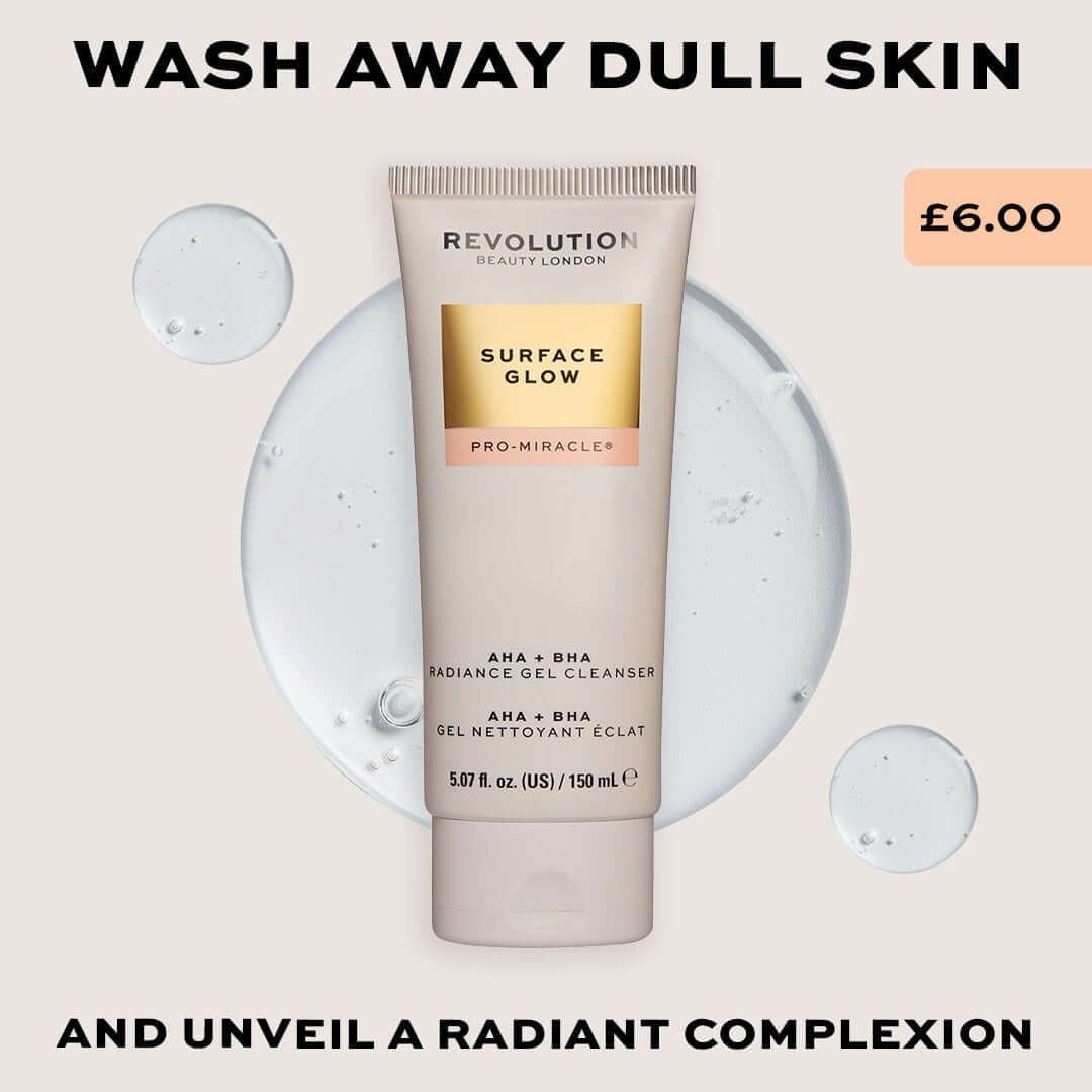 Revolution Pro Miracle Surface Glow AHA + BHA Radiance Gel Cleanser on a light background showcasing its gel texture.
