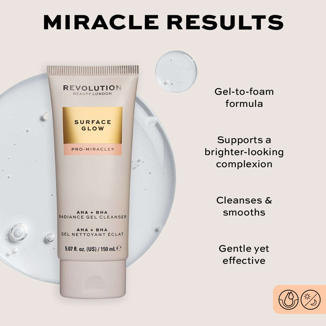 Revolution Pro Miracle Surface Glow AHA + BHA Radiance Gel Cleanser in a tube, showcasing gel-to-foam texture and brightening benefits.