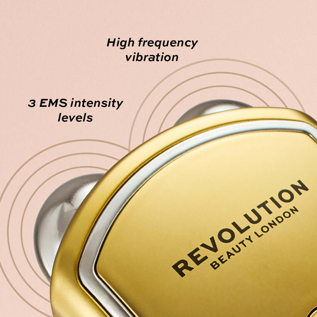 Revolution Pro Miracle The Teddy Toner Gold showcasing high frequency vibration and 3 EMS intensity levels.