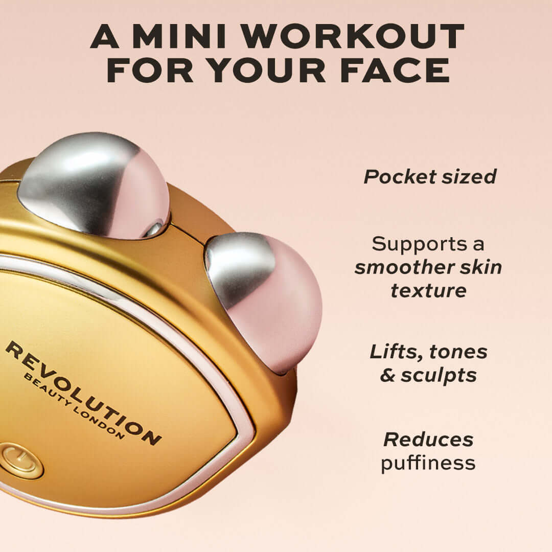 Revolution Pro Miracle The Teddy Toner Gold mini workout device for smoother skin, lifting, toning, and reducing puffiness.