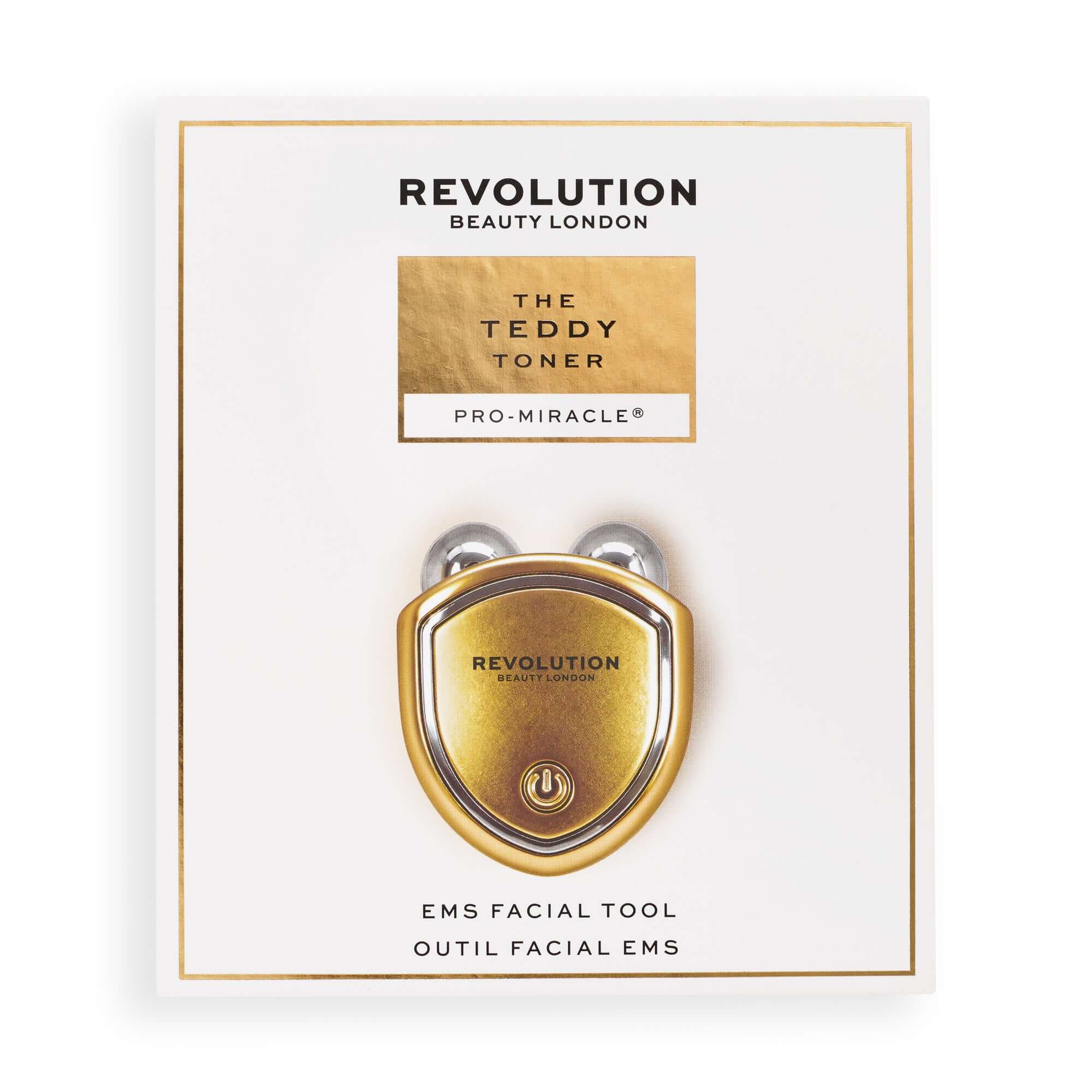 Revolution Pro Miracle The Teddy Toner Gold facial device on packaging for a sculpted complexion.