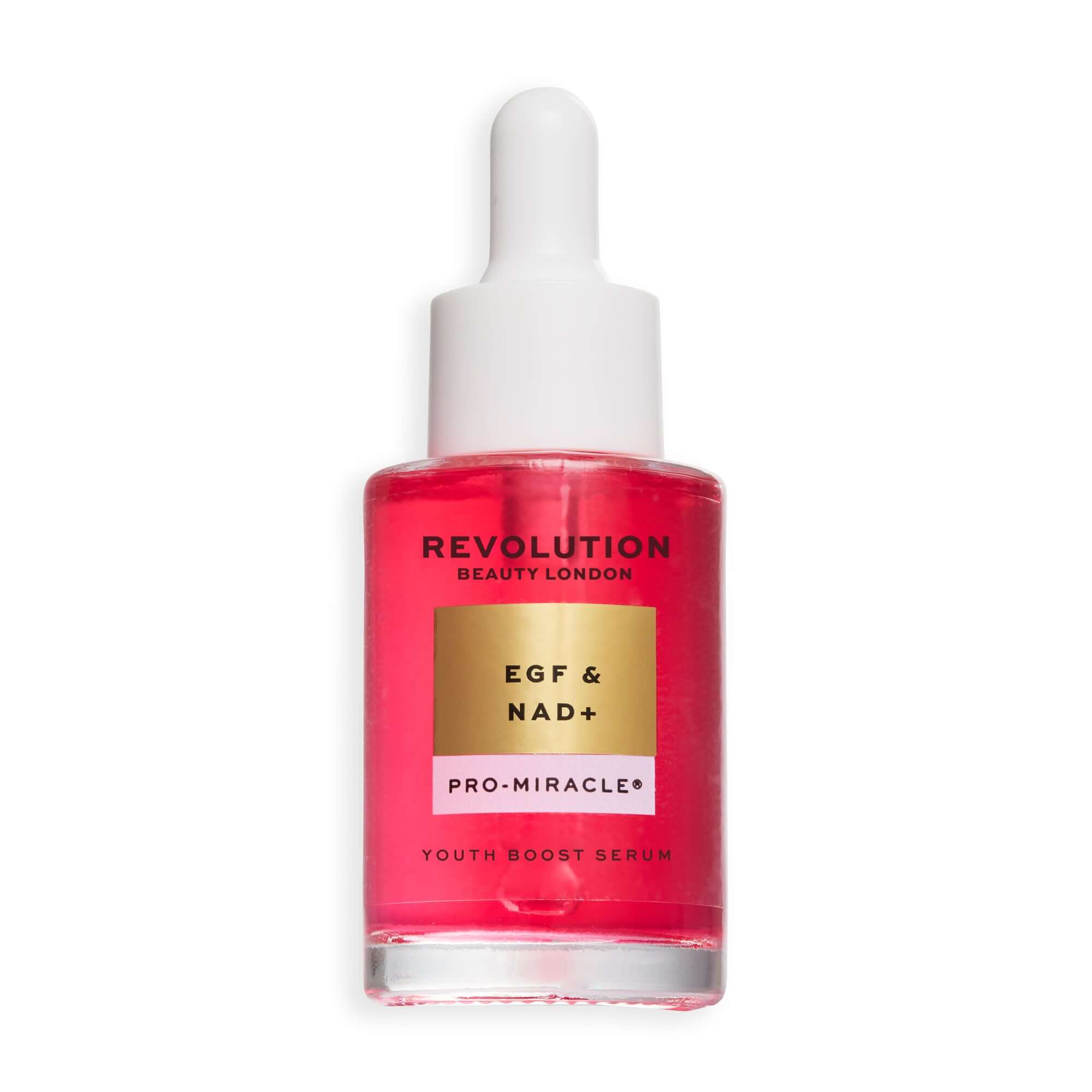 Revolution Pro Miracle EGF & NAD+ Youth Boost Serum in a glass bottle with dropper, vibrant pink liquid, skincare product.