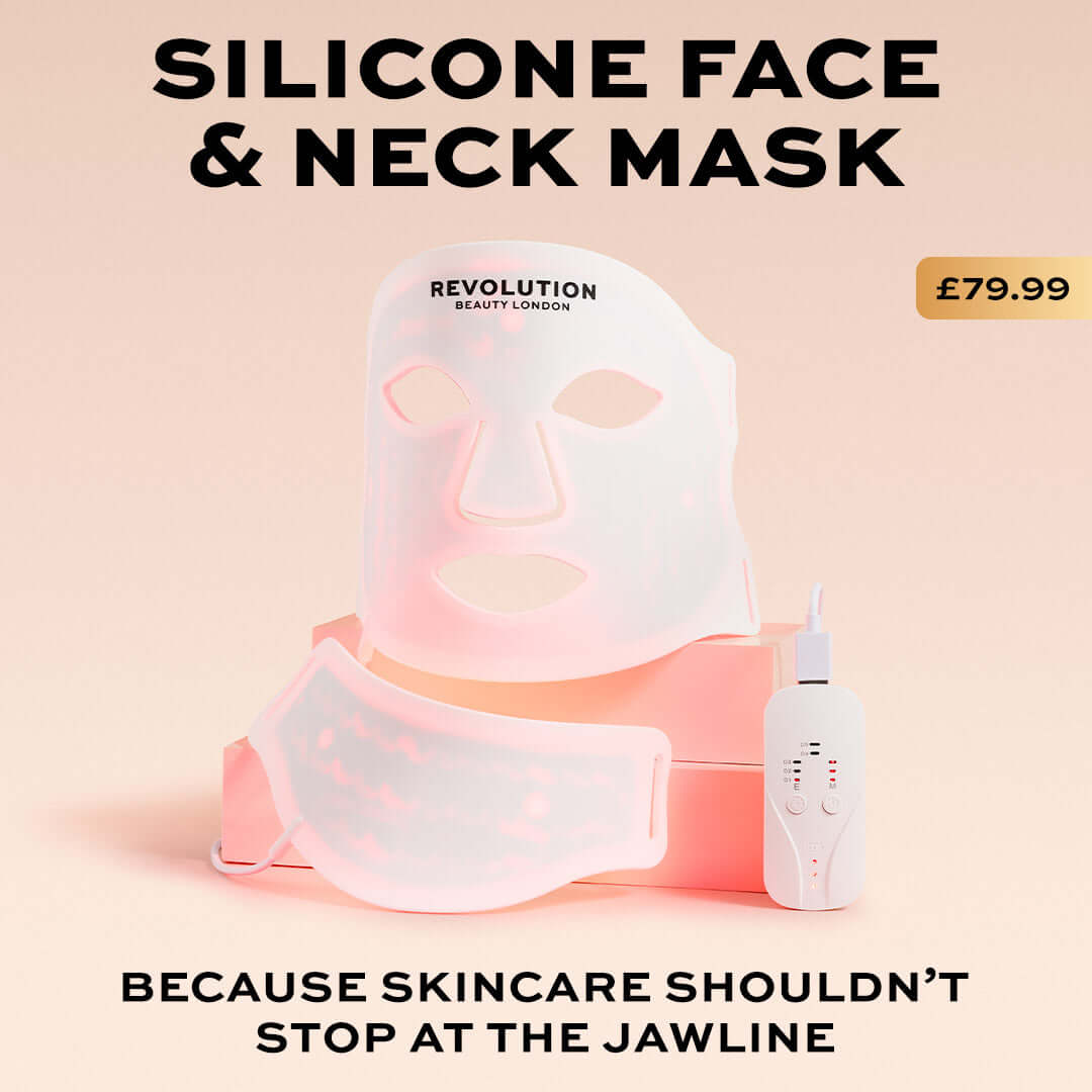 Revolution Pro Miracle Silicone LED Face and Neck Mask White displayed with controller and accent text.
