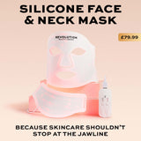 Revolution Pro Miracle Silicone LED Face and Neck Mask White displayed with controller and accent text.