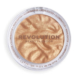 Revolution Reloaded Highlighter in golden shimmer, perfect for adding a radiant glow to your makeup looks.