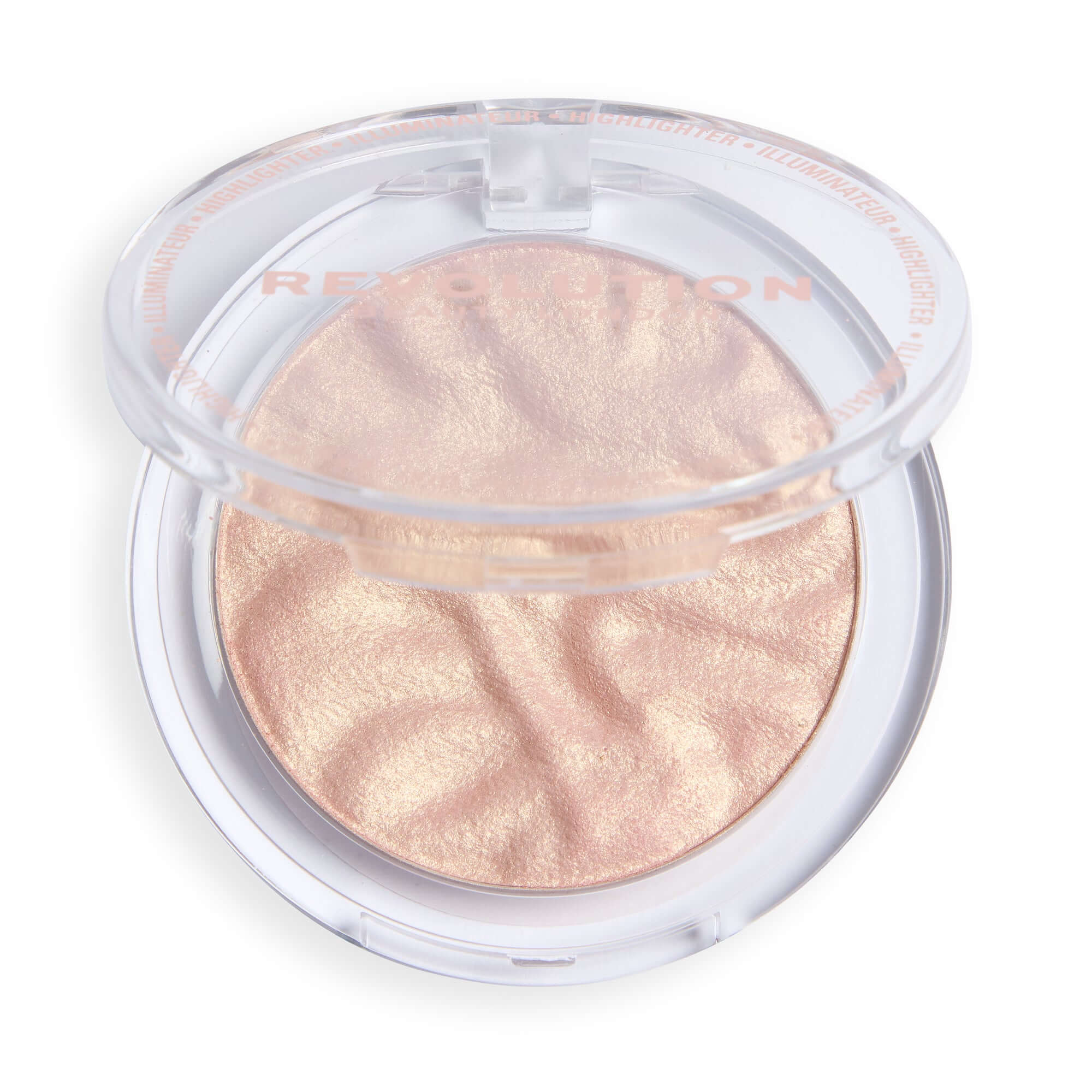 Revolution Reloaded Highlighter in a compact, showcasing its shimmering pink hue for a radiant complexion.