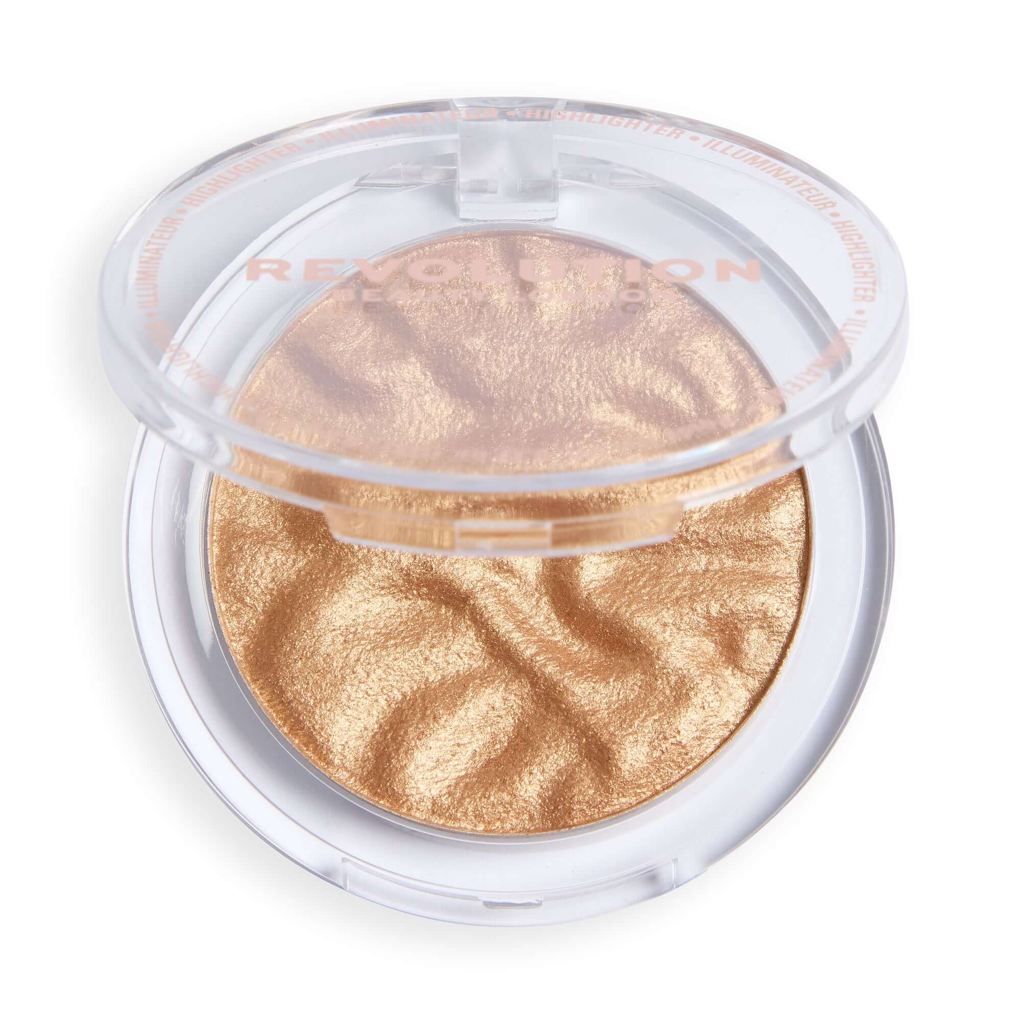 Revolution Reloaded Highlighter in Bronze shade, featuring a smooth, talc-free formula for a radiant glow.