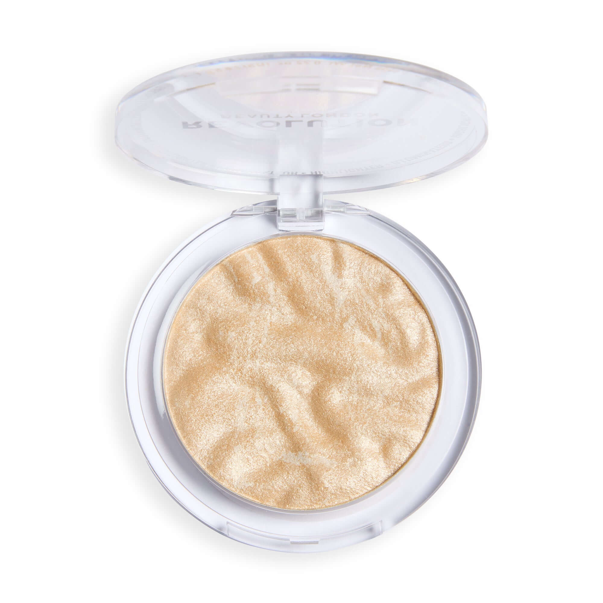Revolution Reloaded Highlighter in a compact with a smooth, shimmering golden powder inside.