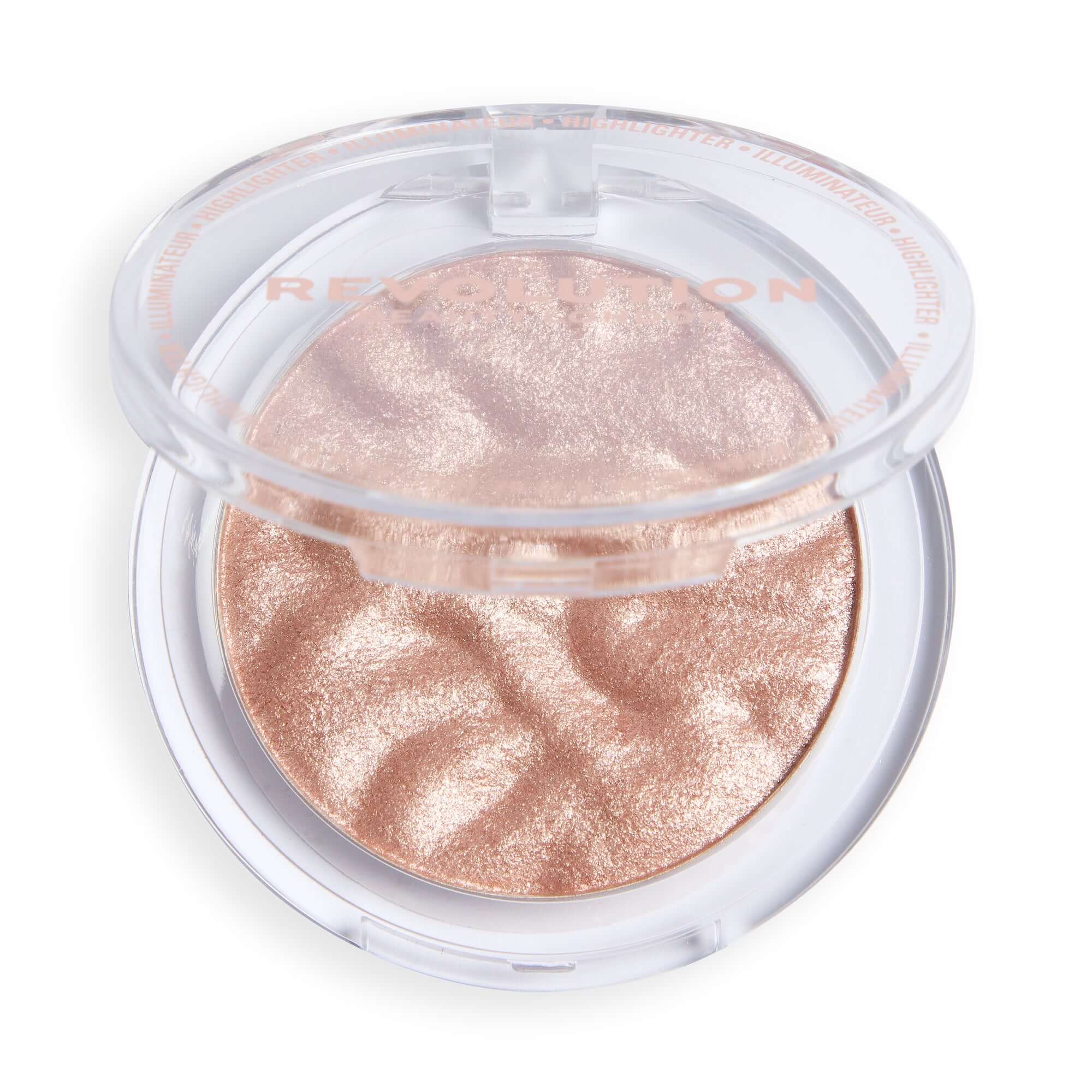 Revolution Reloaded Highlighter in a clear compact, featuring a shimmering, rose-gold powder for a radiant glow.