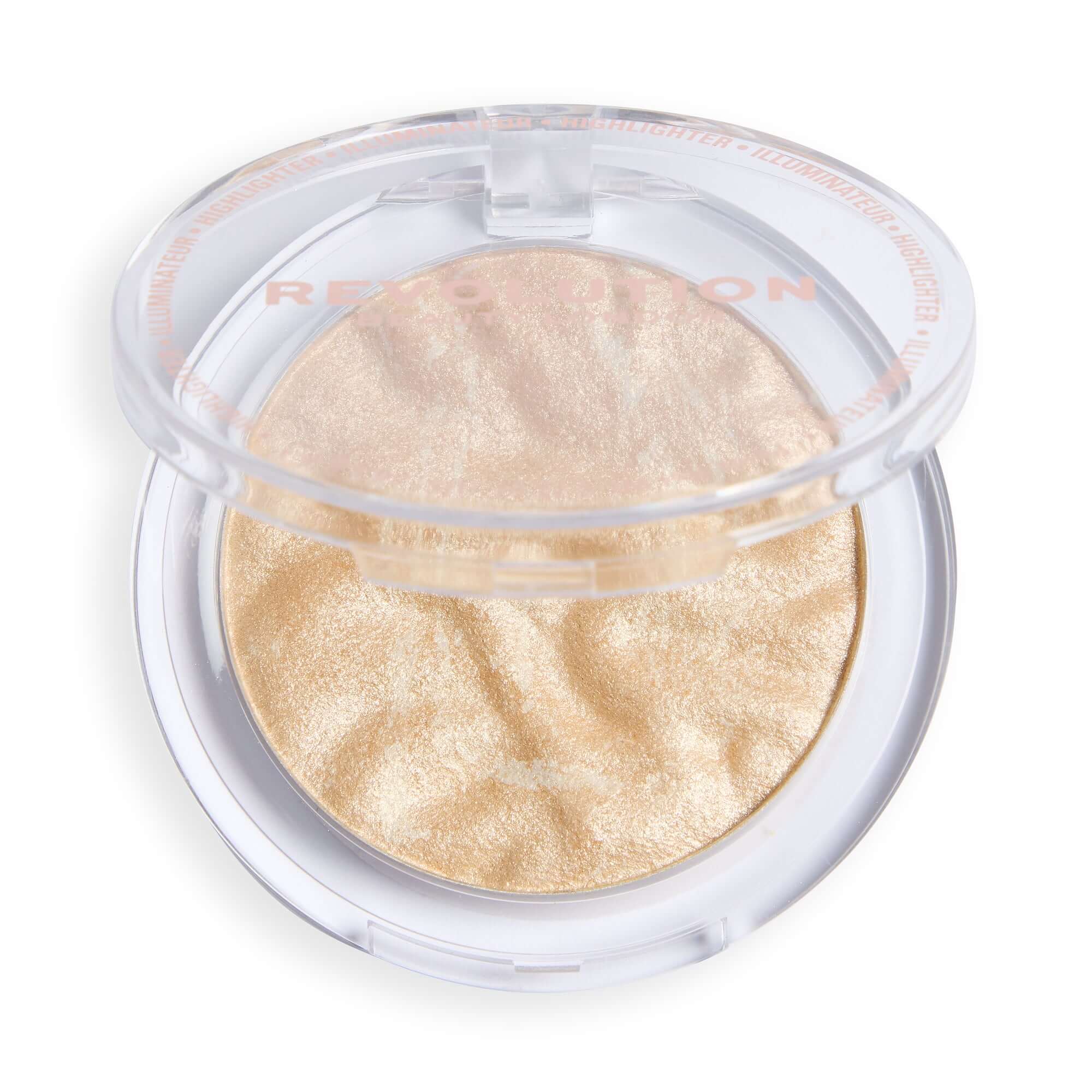 Revolution Reloaded Highlighter in a talc-free formula, showcasing a shimmering gold shade for a flawless glow.