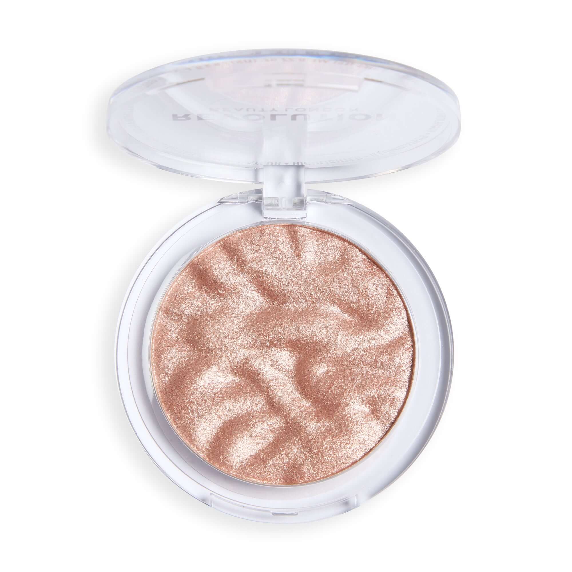 Revolution Reloaded Highlighter in a shimmering rose gold shade, featuring a talc-free formula for a smooth glow.