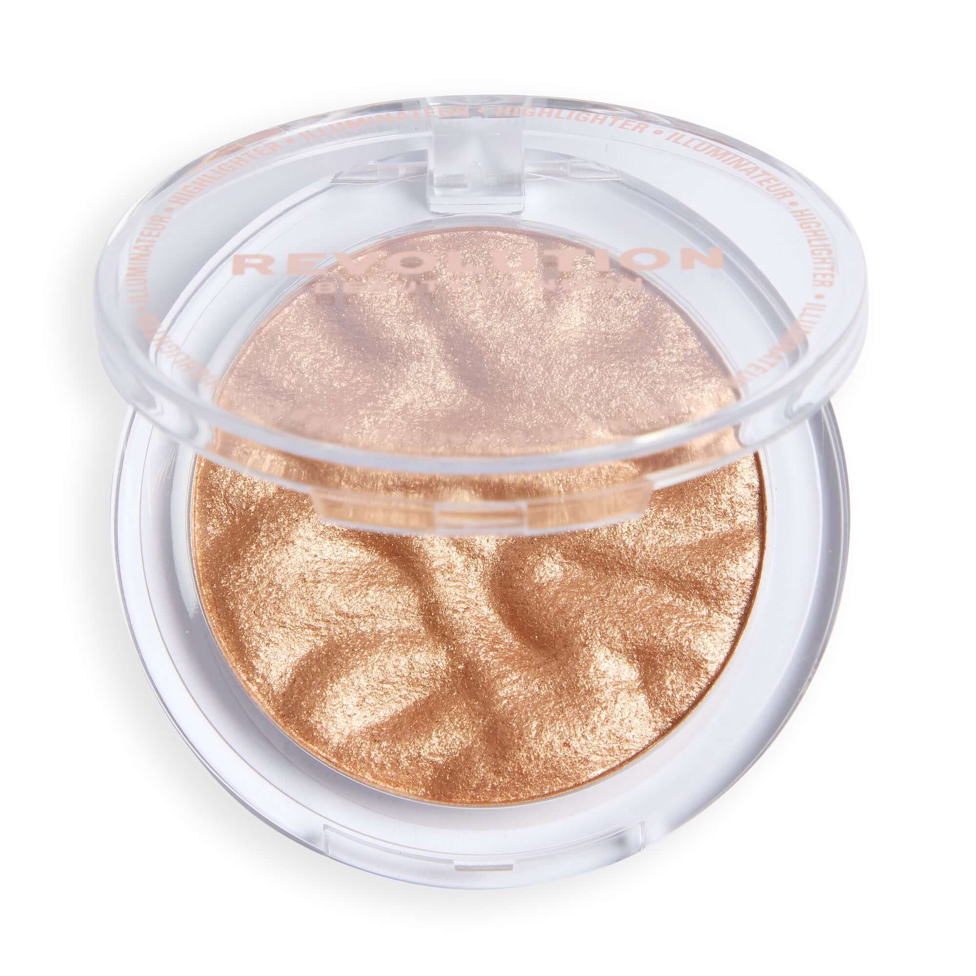 Revolution Reloaded Highlighter in a clear compact, showcasing a shimmering gold powder for a radiant glow.