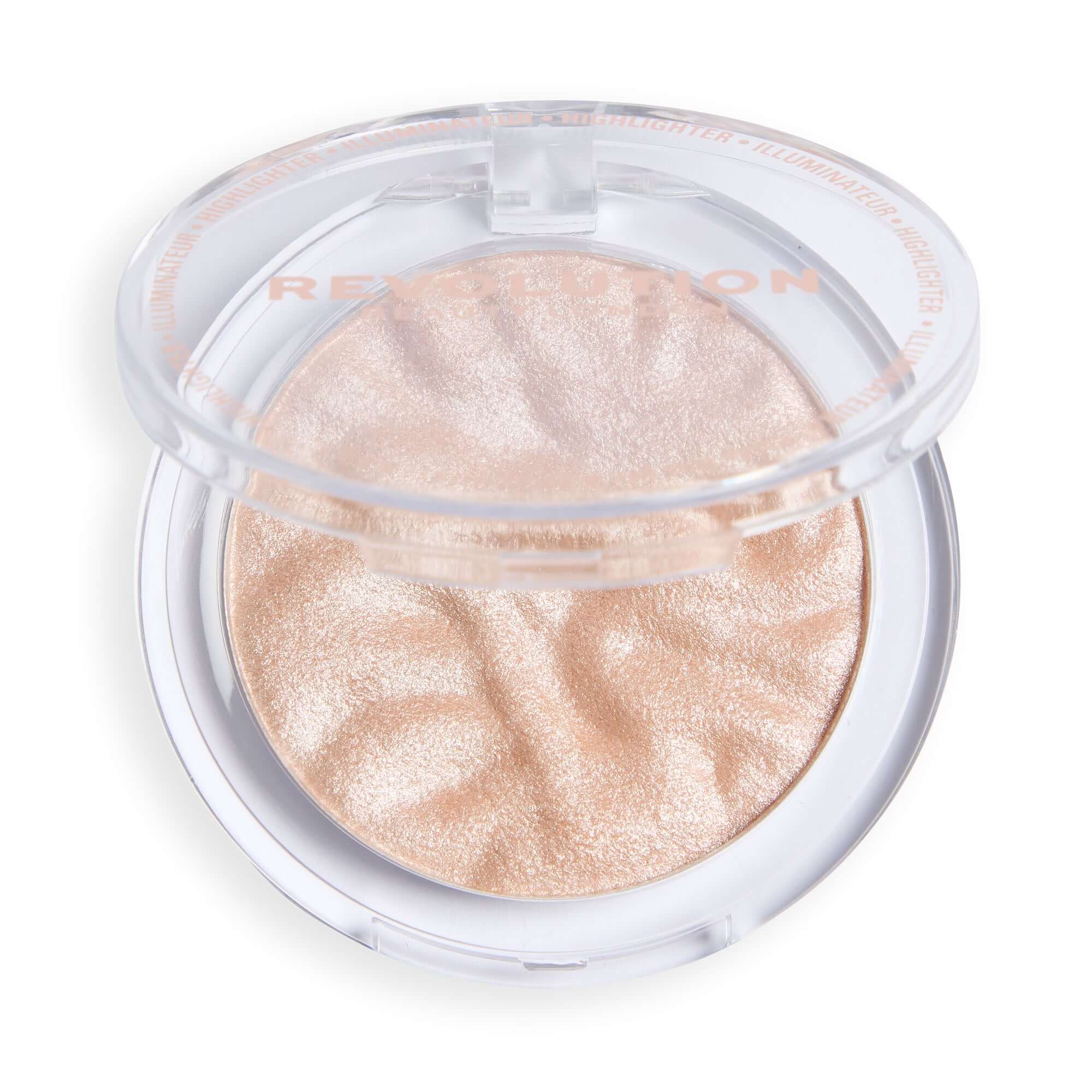 Revolution Reloaded Highlighter in a transparent compact showcasing its smooth, shimmering powder finish.