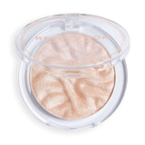 Revolution Reloaded Highlighter in a transparent compact showcasing its smooth, shimmering powder finish.