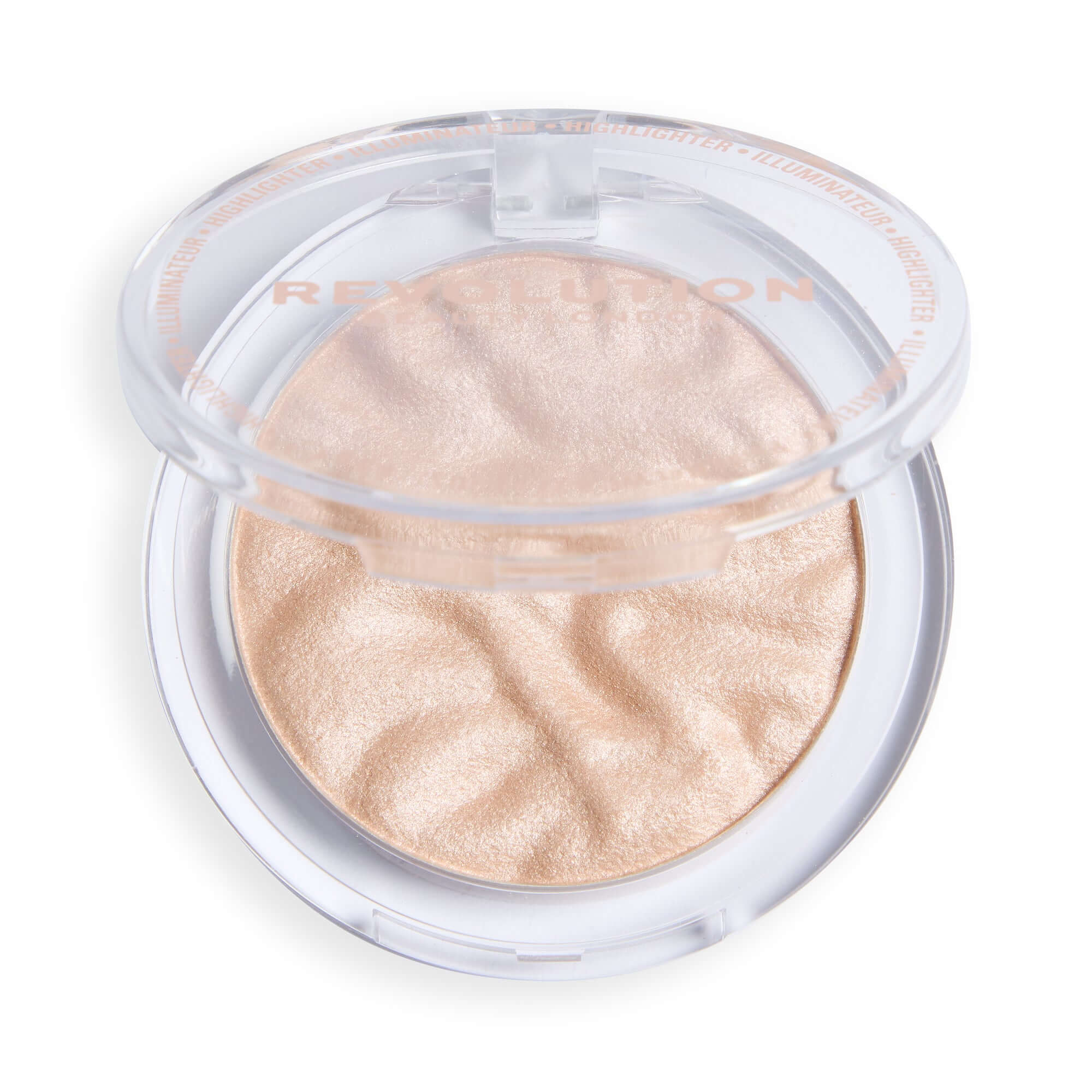 Revolution Reloaded Highlighter in a clear compact, featuring a smooth, talc-free formula for a radiant glow.
