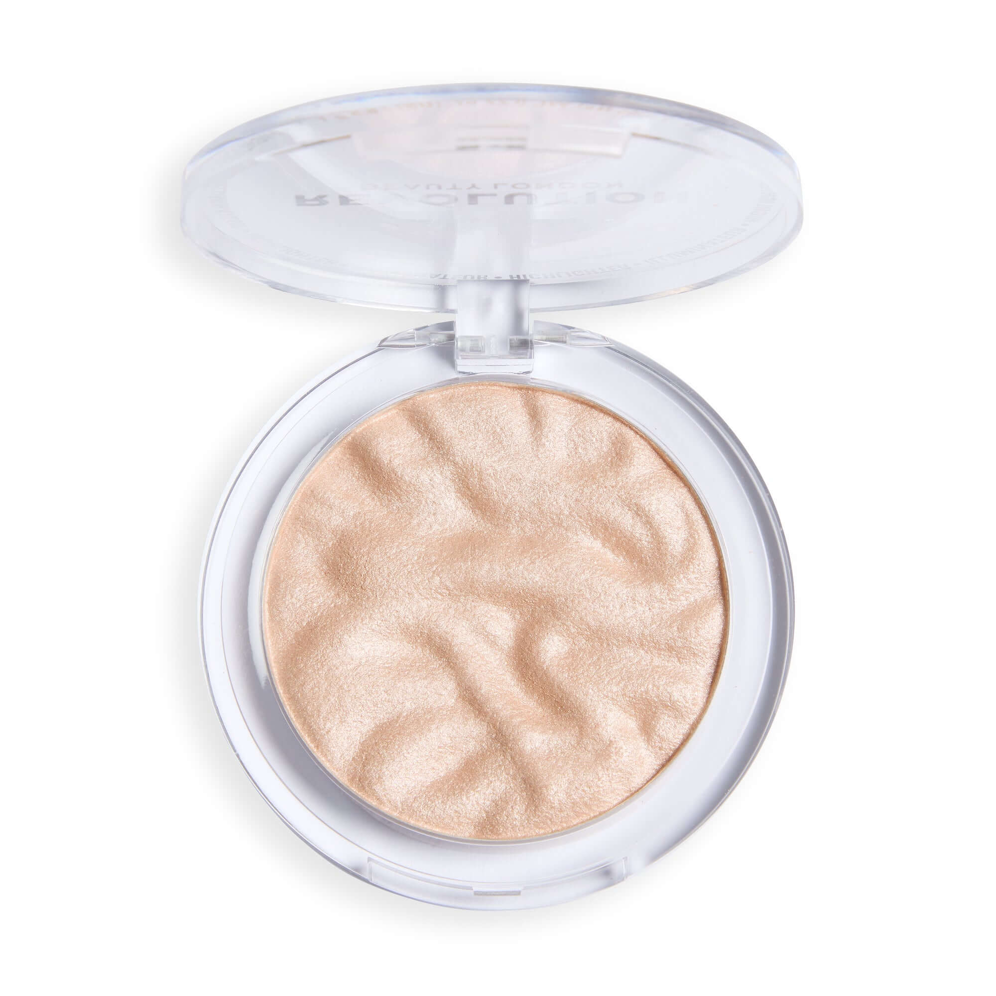 Revolution Reloaded Highlighter powder in a round compact with shimmering golden hue for a radiant glow.