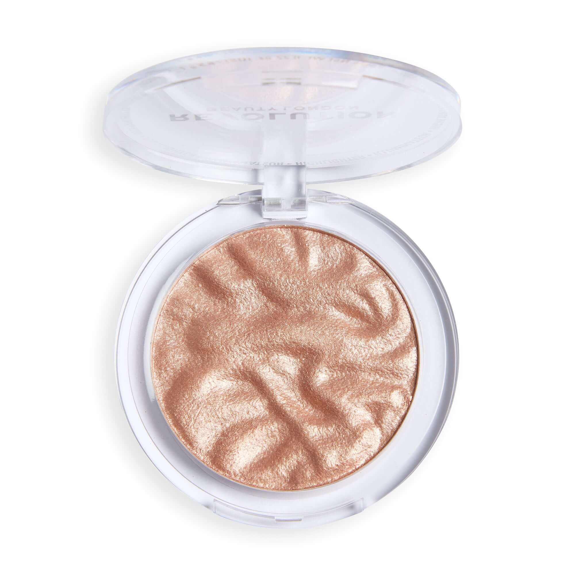 Revolution Reloaded Highlighter in a round compact showcasing shimmery, skin-loving glow enhancing powder.