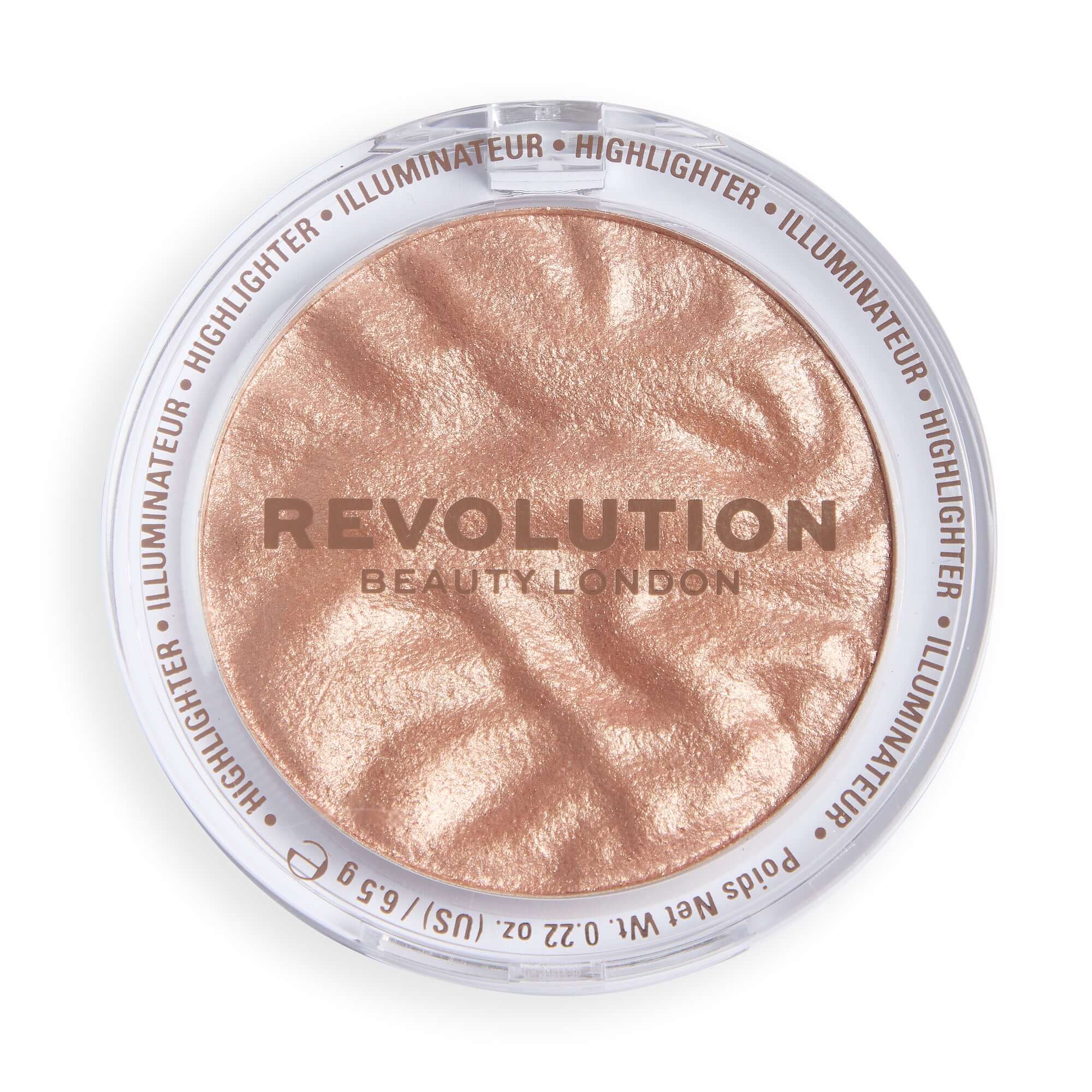 Revolution Reloaded Highlighter in Set The Scene shade, talc-free formula for a glowing complexion.