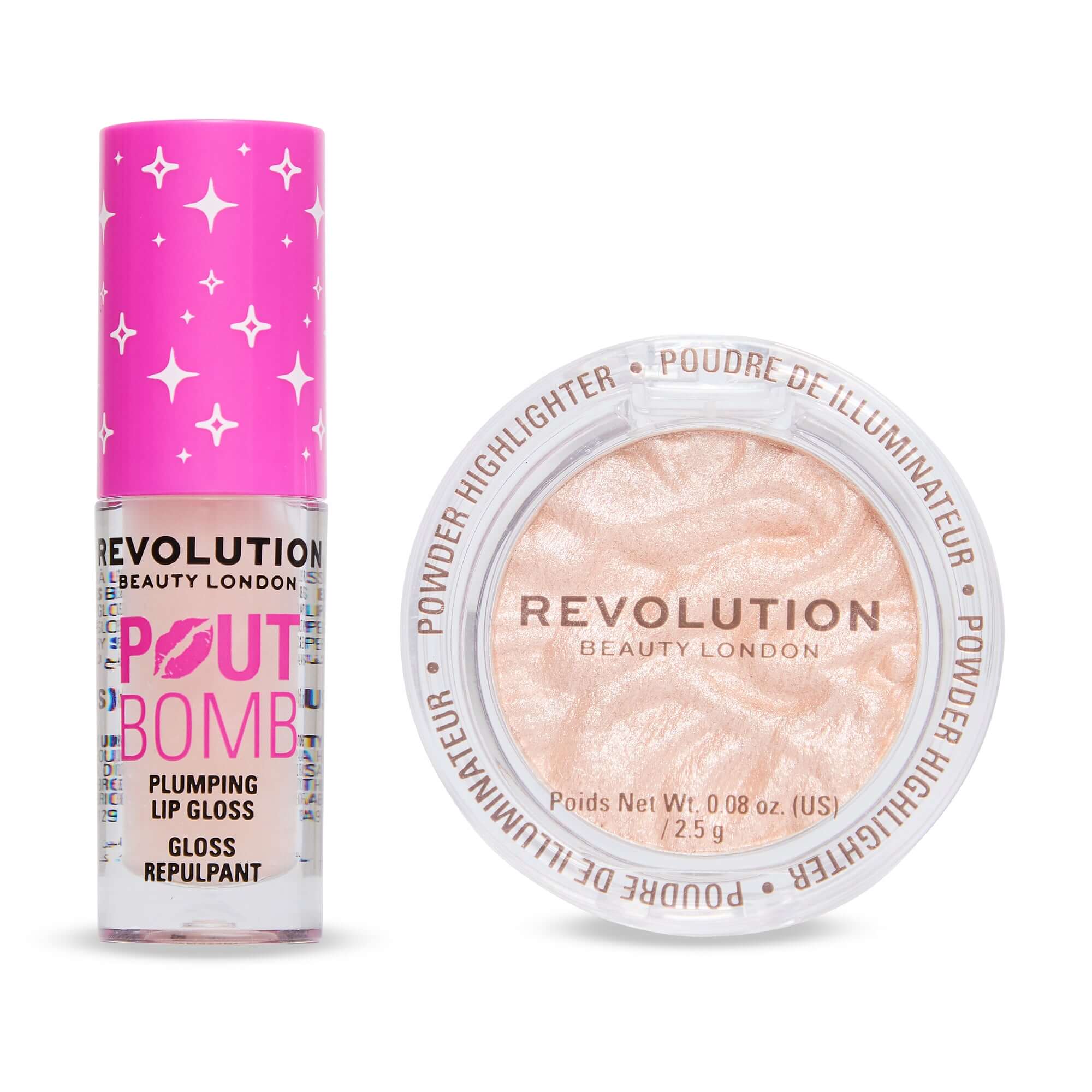 Revolution Shimmer Mini Lip Gloss & Highlight Duo featuring Pout Bomb Lip Plumping Gloss and Reloaded Highlighter.