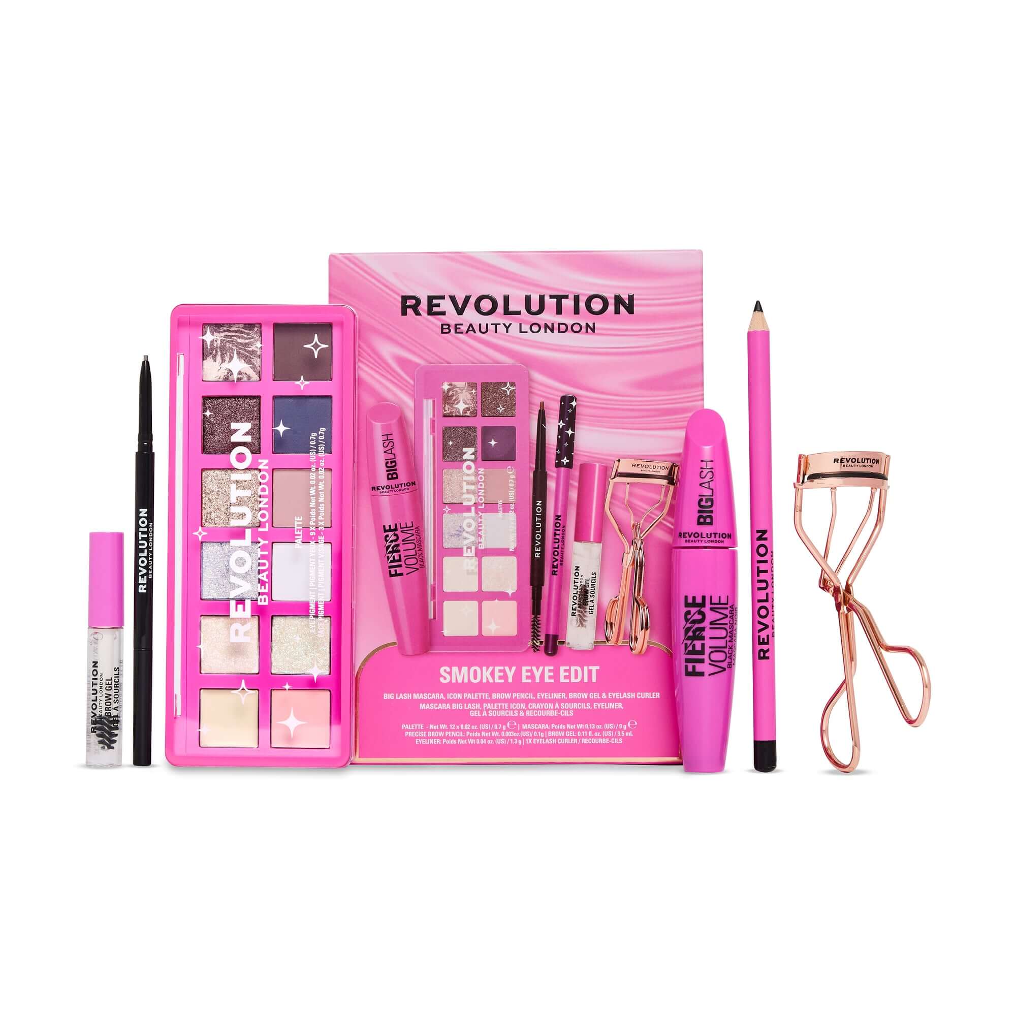 Revolution The Smokey Eye Edit Makeup Gift Set featuring eyeshadow palette, mascara, eyeliner, and brow gel.