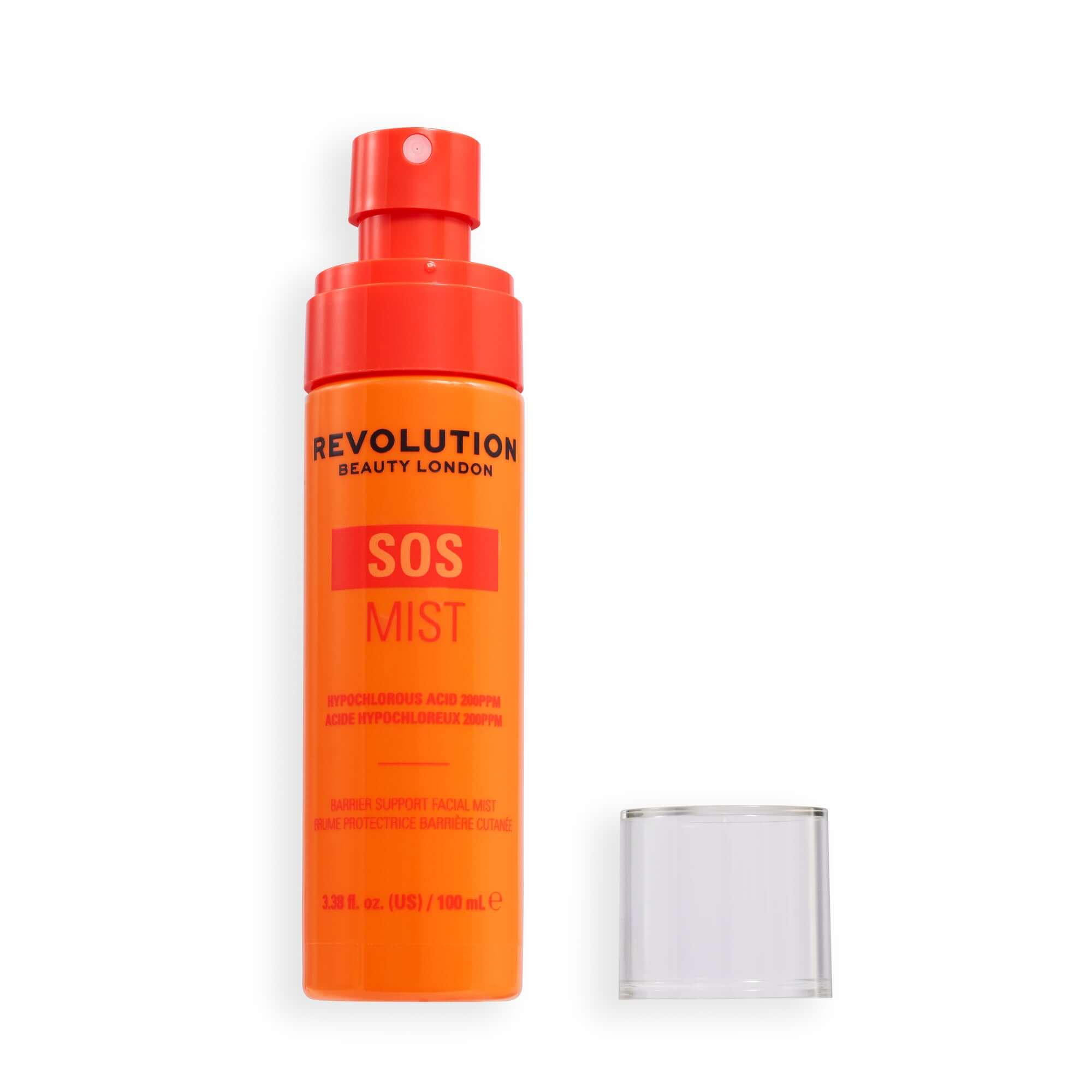 Revolution SOS Barrier Support Hypochlorous Acid Facial Mist in an orange spray bottle with cap.