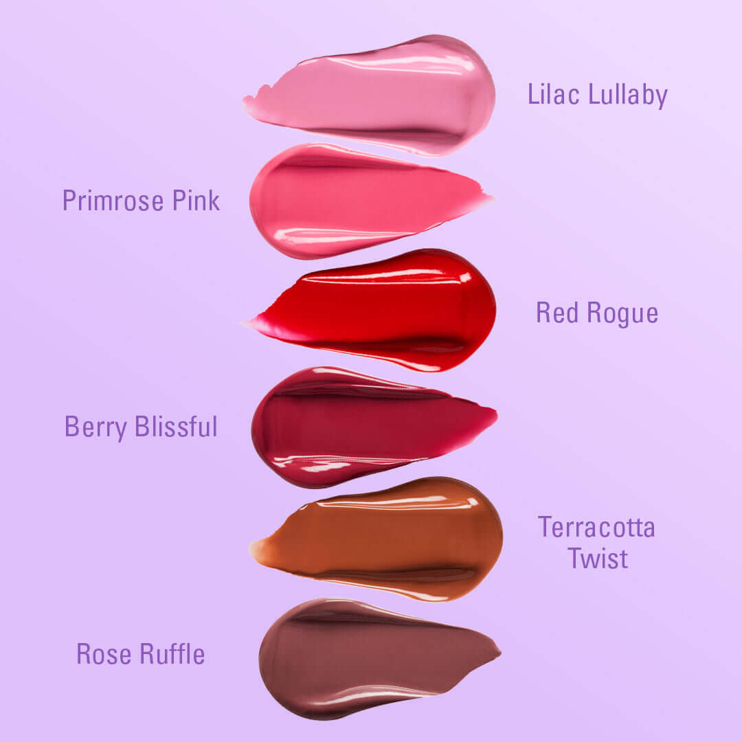 Swatches of Revolution Superdewy Tint N Glow Blush Stain in Lilac Lullaby, Primrose Pink, Red Rogue, Berry Blissful, Terracotta Twist, Rose Ruffle.