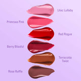 Swatches of Revolution Superdewy Tint N Glow Blush Stain in Lilac Lullaby, Primrose Pink, Red Rogue, Berry Blissful, Terracotta Twist, Rose Ruffle.