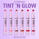Revolution Superdewy Tint N Glow Blush Stain assortment with soft sponge applicator for a radiant flush.