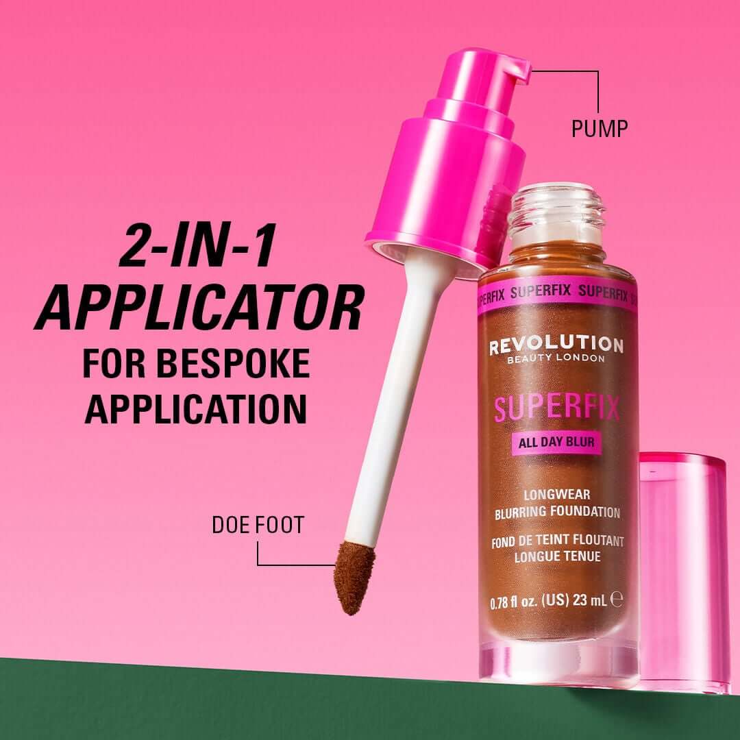 Revolution Superfix Blur Longwear Foundation with 2-in-1 applicator for bespoke application and doe foot tip.
