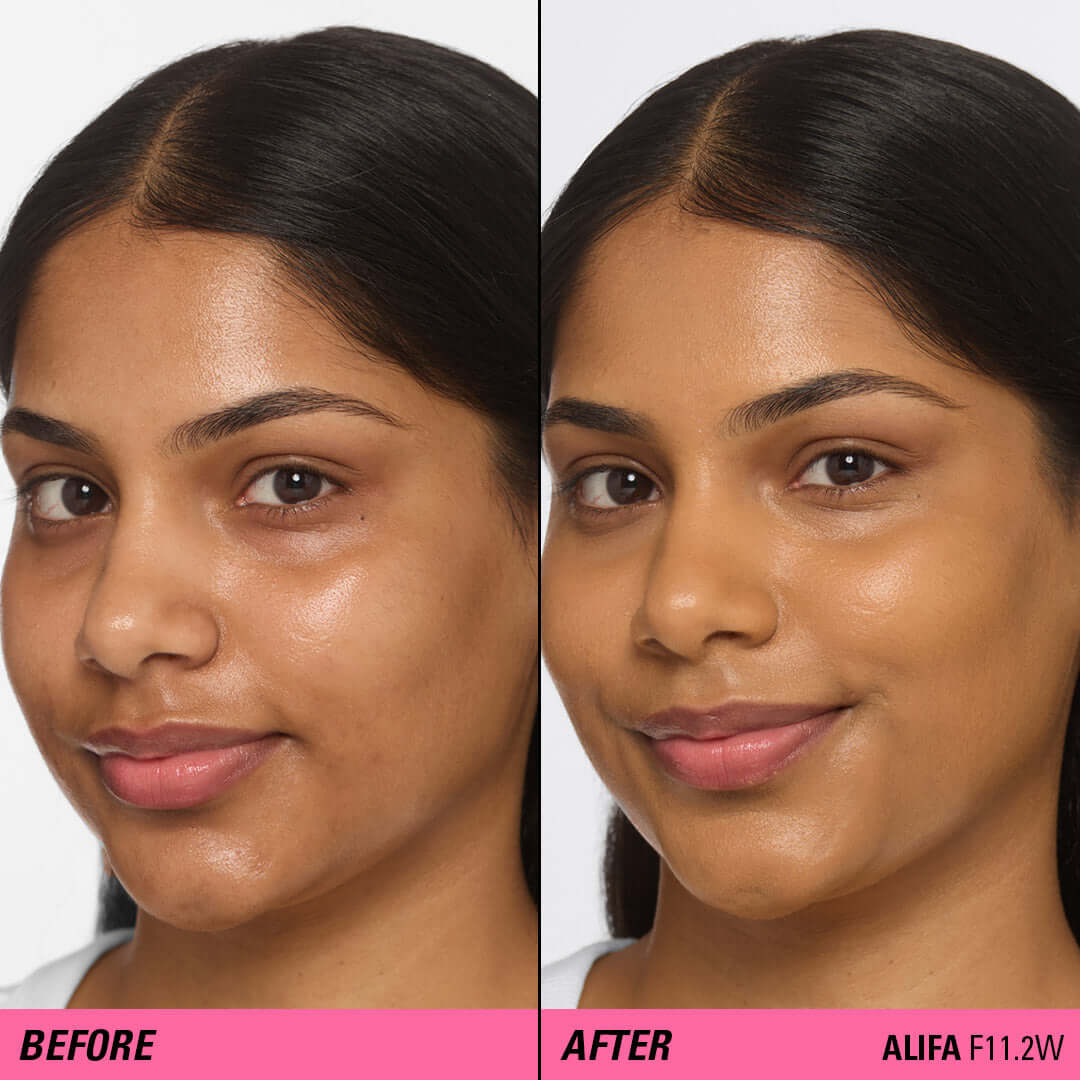 Before and after application of Revolution Superfix Blur Longwear Foundation on skin.