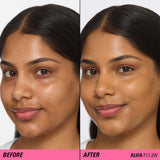 Before and after application of Revolution Superfix Blur Longwear Foundation on skin.