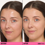 Before and after applying Revolution Superfix Blur Longwear Foundation on skin for a smooth, flawless finish.