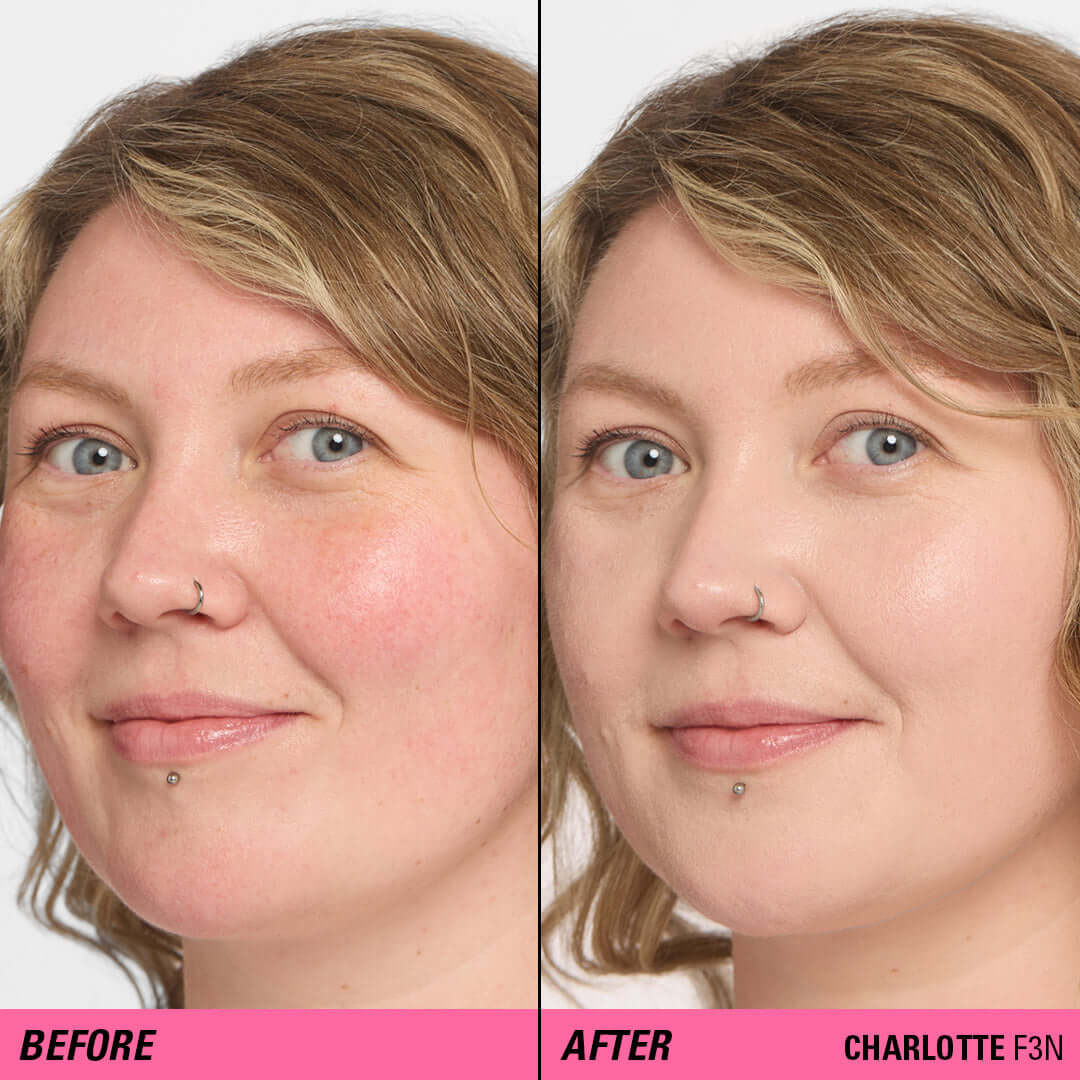 Before and after using Revolution Superfix Blur Longwear Foundation showing smooth, flawless skin.
