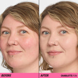 Before and after using Revolution Superfix Blur Longwear Foundation showing smooth, flawless skin.