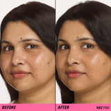 Before and after image showcasing Revolution Superfix Blur Longwear Foundation's skin-perfecting effect.