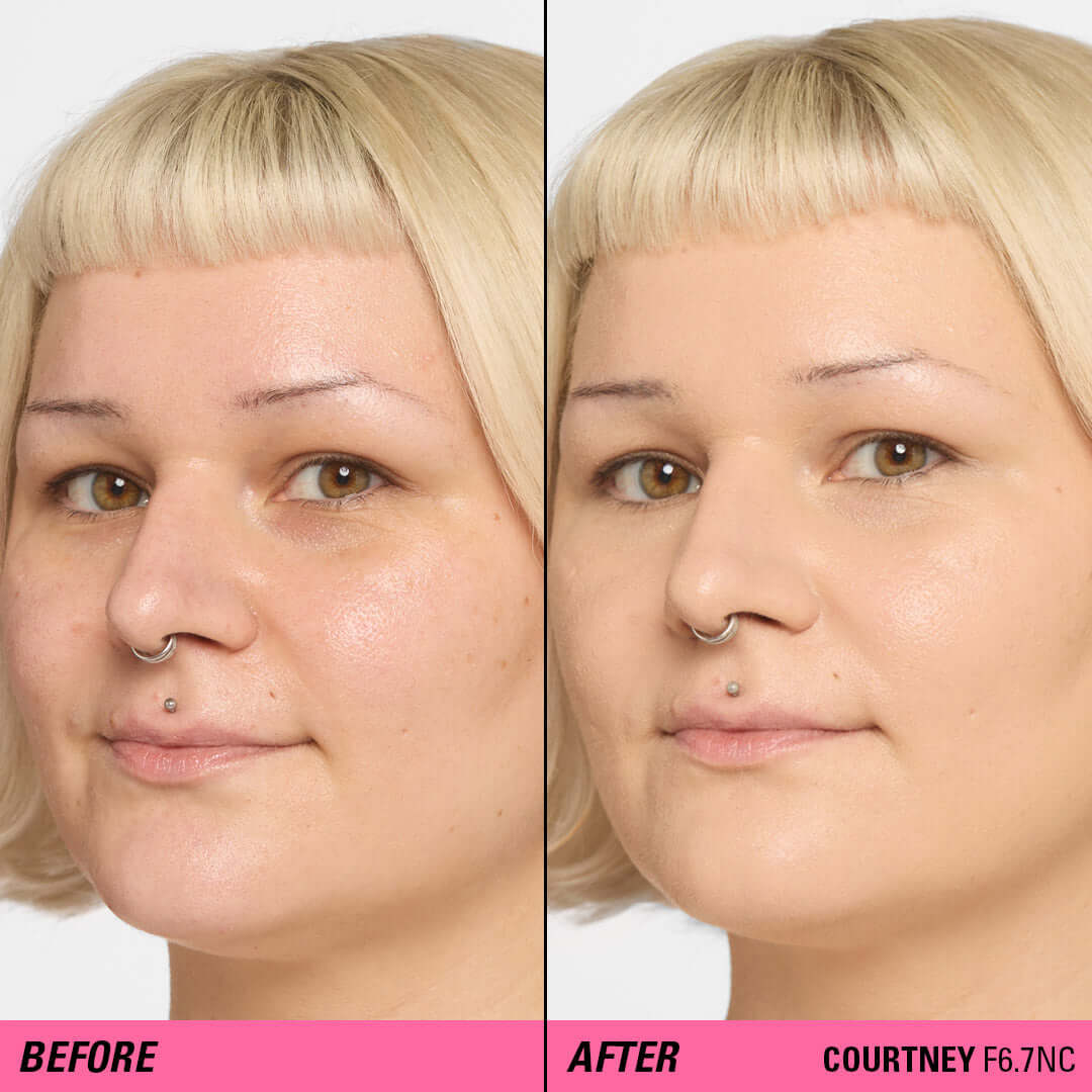 Before and after image showcasing Revolution Superfix Blur Longwear Foundation's skin-perfecting matte finish.
