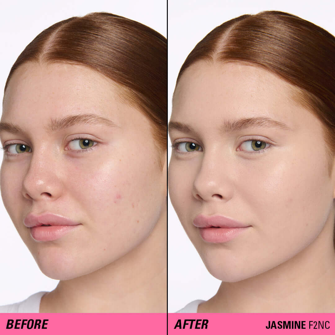 Before and after comparison showcasing Revolution Superfix Blur Longwear Foundation in Jasmine F2NC for flawless skin.