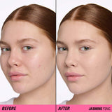 Before and after comparison showcasing Revolution Superfix Blur Longwear Foundation in Jasmine F2NC for flawless skin.