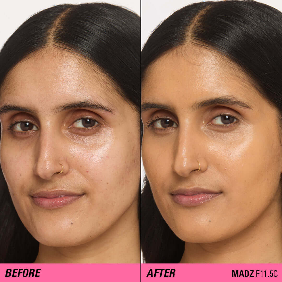 Before and after using Revolution Superfix Blur Longwear Foundation for a flawless complexion.