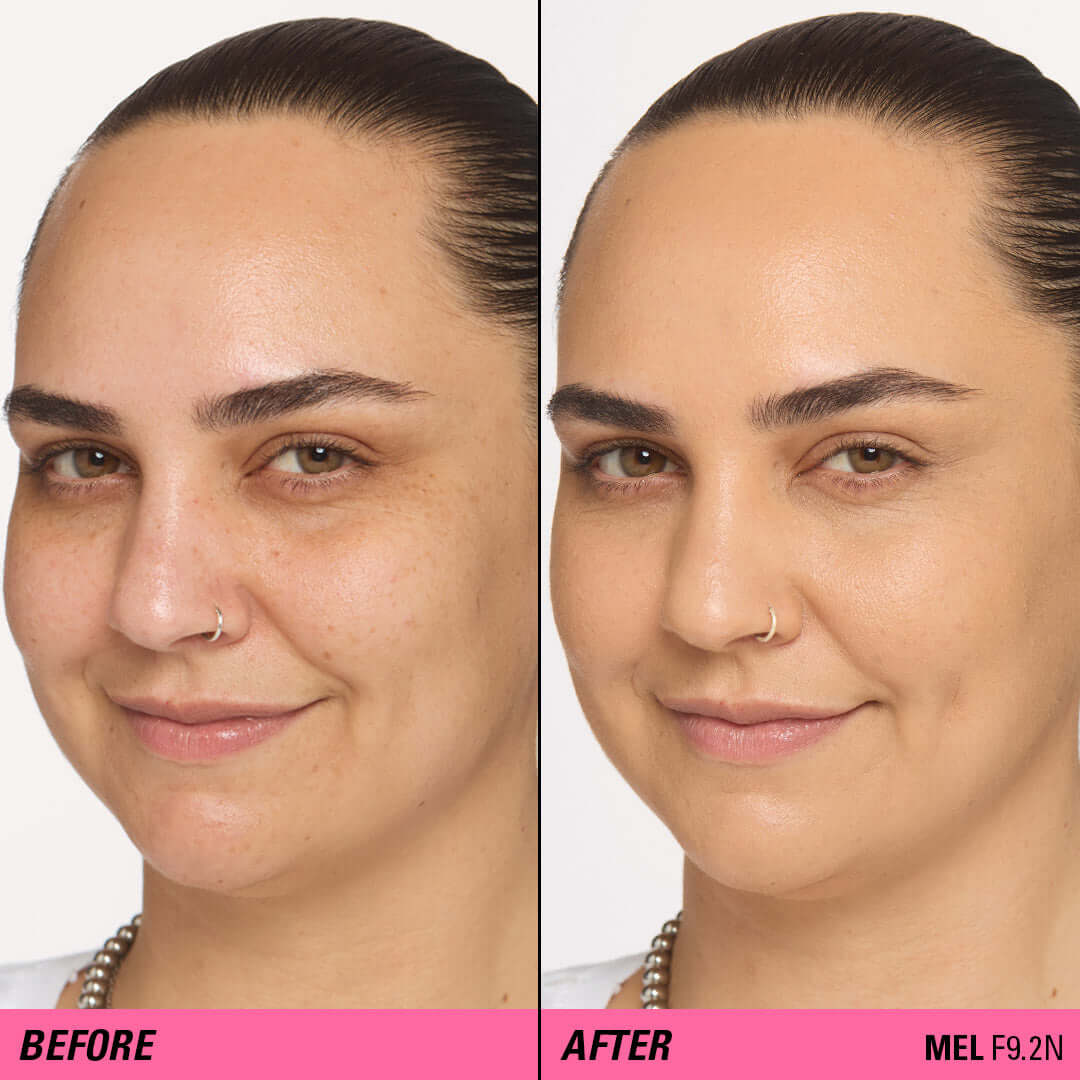 Before and after image showing skin transformation using Revolution Superfix Blur Longwear Foundation, shade MEL F9.2N.