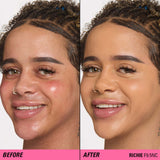Before and after showing Revolution Superfix Blur Longwear Foundation effect on skin, highlighting its smooth, matte finish.