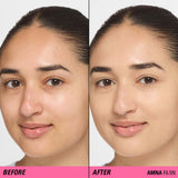 Revolution Superfix Blur Longwear Foundation before and after application showcasing a flawless skin finish.