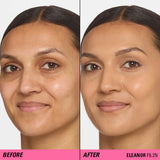Before and after using Revolution Superfix Blur Longwear Foundation showcasing smooth, flawless skin.