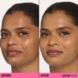 Before and after using Revolution Superfix Blur Longwear Foundation, showcasing smoother complexion and blurred imperfections.